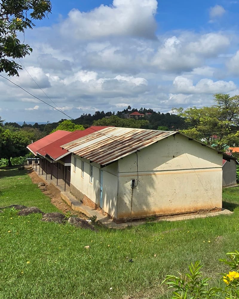 A school building with a corrugated roof on a green hillside, under a big blue sky.